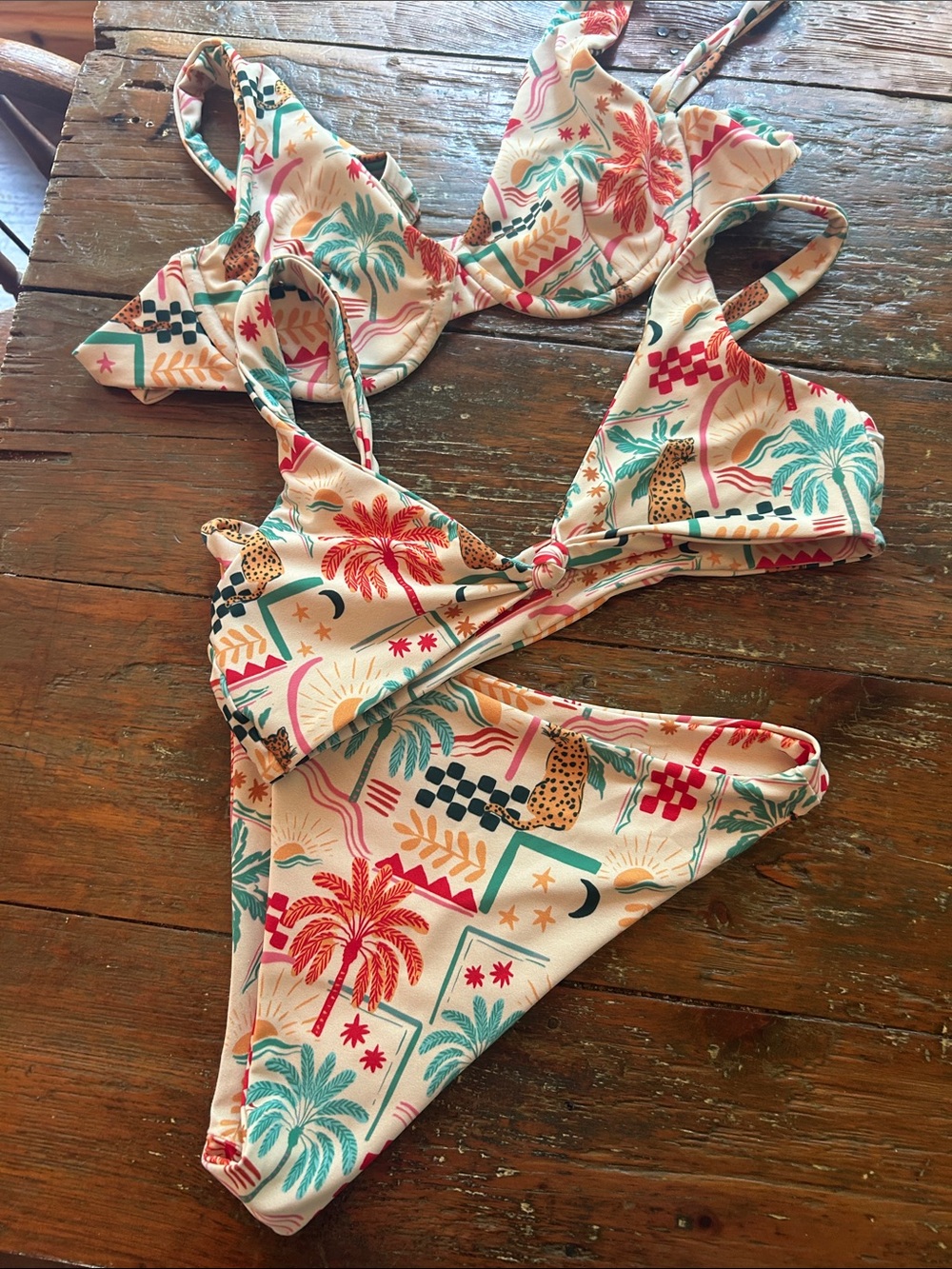 Skatie Tropical Print Bikini in Cream, Teal, Coral, Yellow & Black Accents